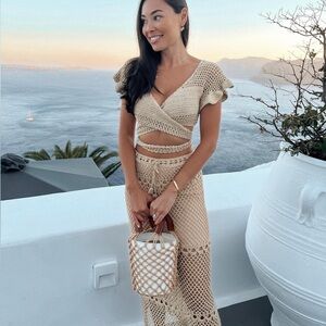 Beige Crochet Wrap Top + Skirt - Women